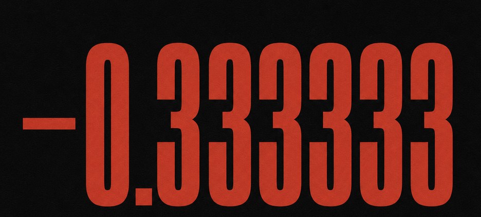The number minus zero point three three three three three three, set large in red on black.