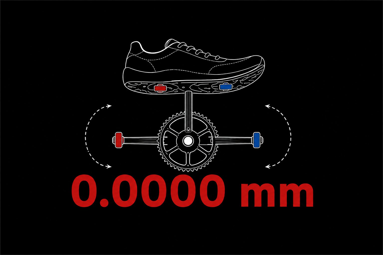A cycling shoe with a pair of magnets in its sole, above a bicycle crank carrying matching magnets at each arm, and the number zero point zero zero zero zero millimetres set large in red.