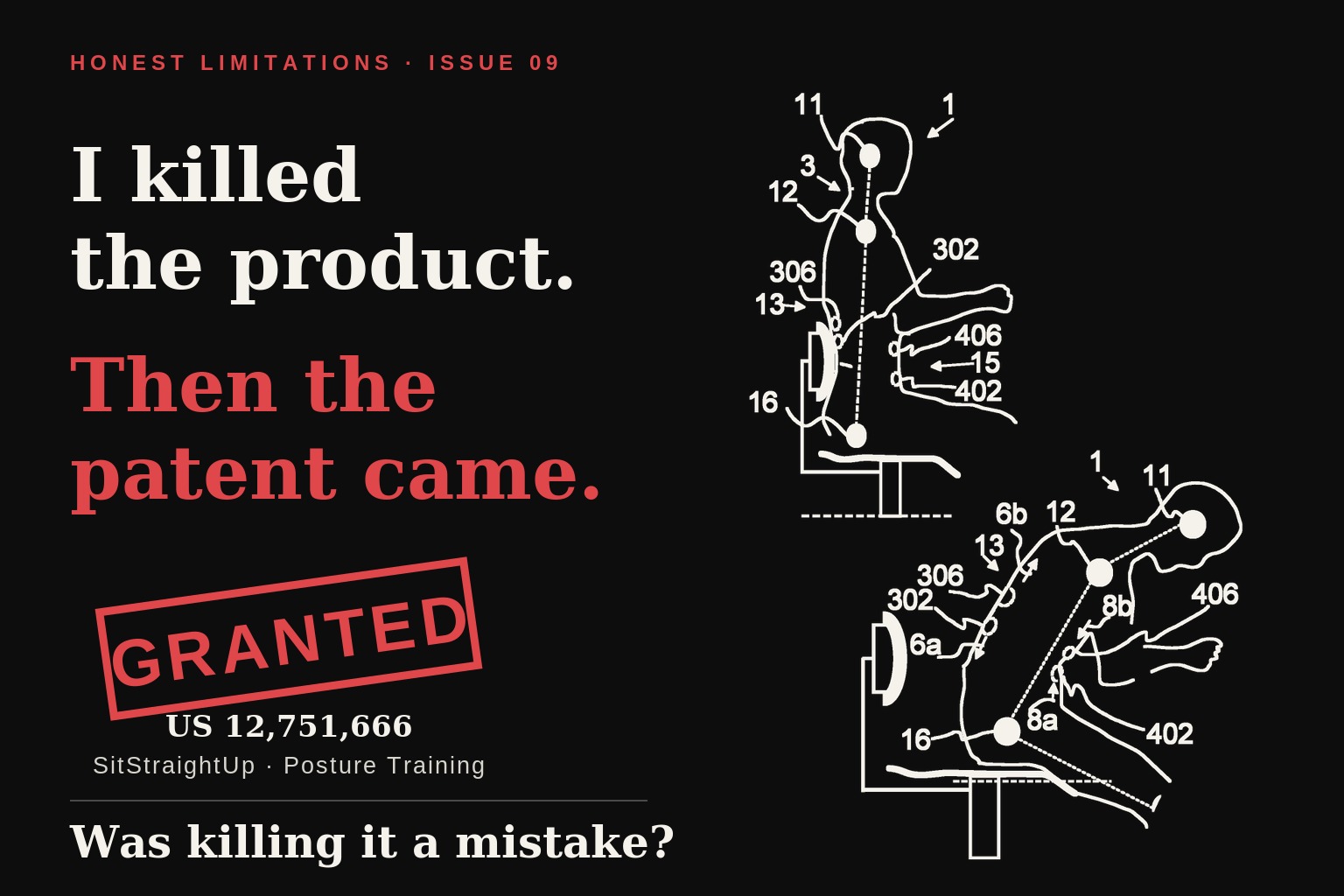 White line drawings from the patent showing a person sitting upright and then slouching, beside a red GRANTED stamp over the number US 12,751,666 and the headline 'I killed the product. Then the patent came.'