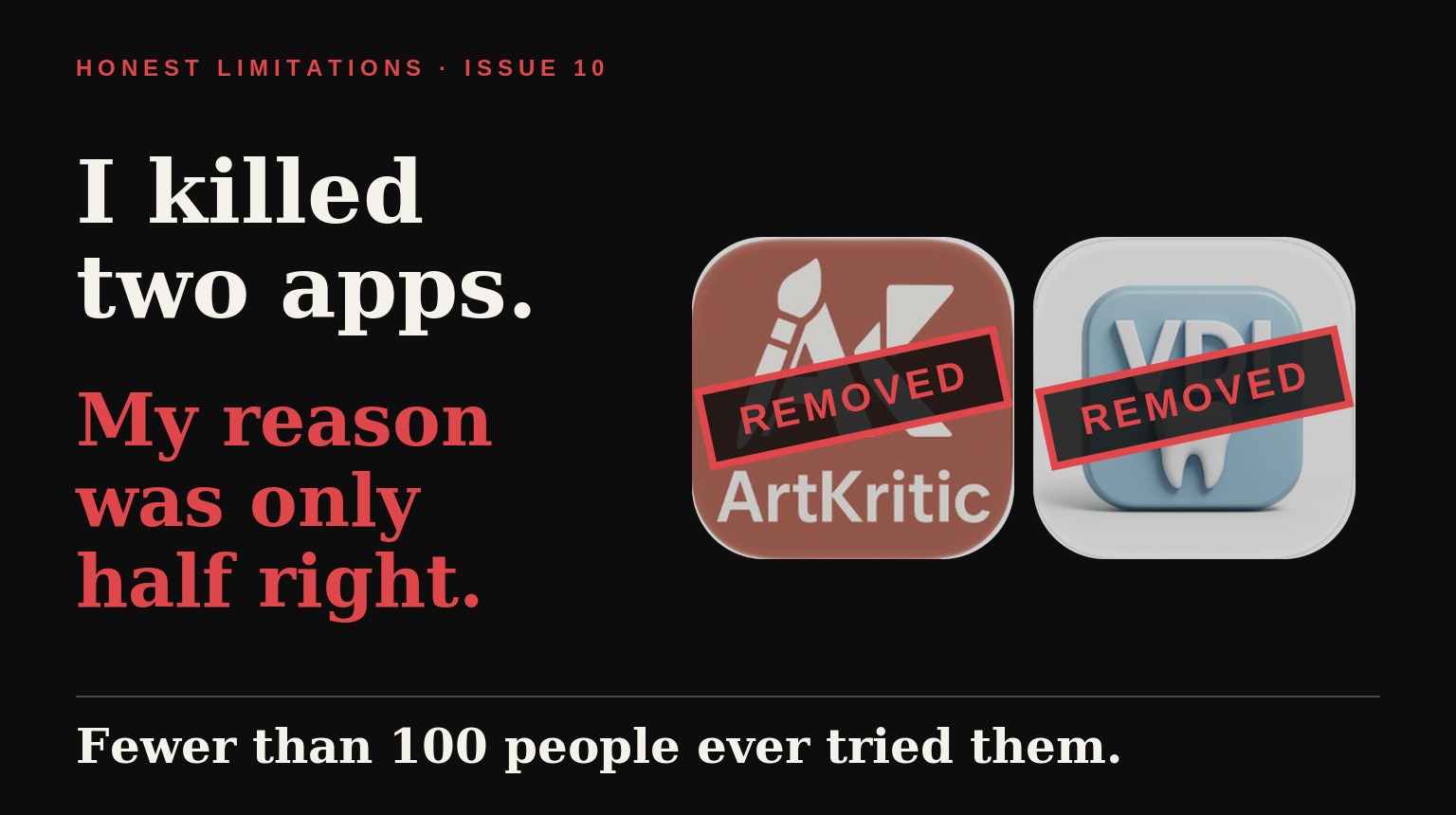 The ArtKritic and ViaDentAI app icons in grey, each crossed out by a red REMOVED stamp, beside the headline 'I killed two apps. My reason was only half right.'